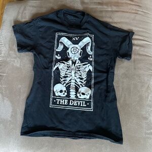 “The Devil” tarot card t-shirt, black, size small, 100% cotton